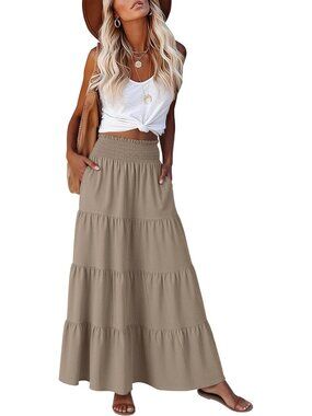 Anrabess Women's Light Camel High Waist A-Line Tiered Long Flowy Maxi Skirts